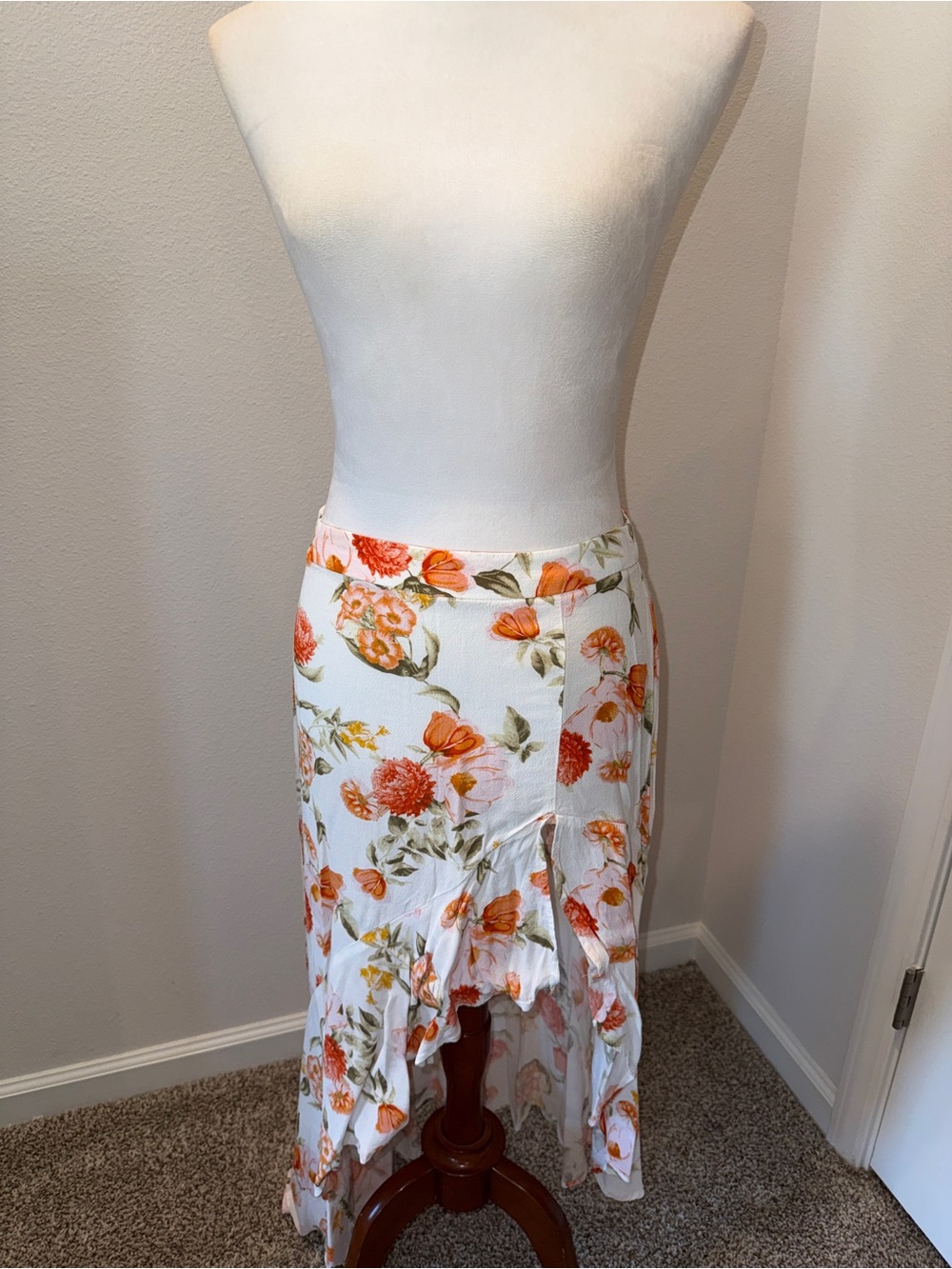 White Floral High-Low Maxi Skirt with Orange Blooms